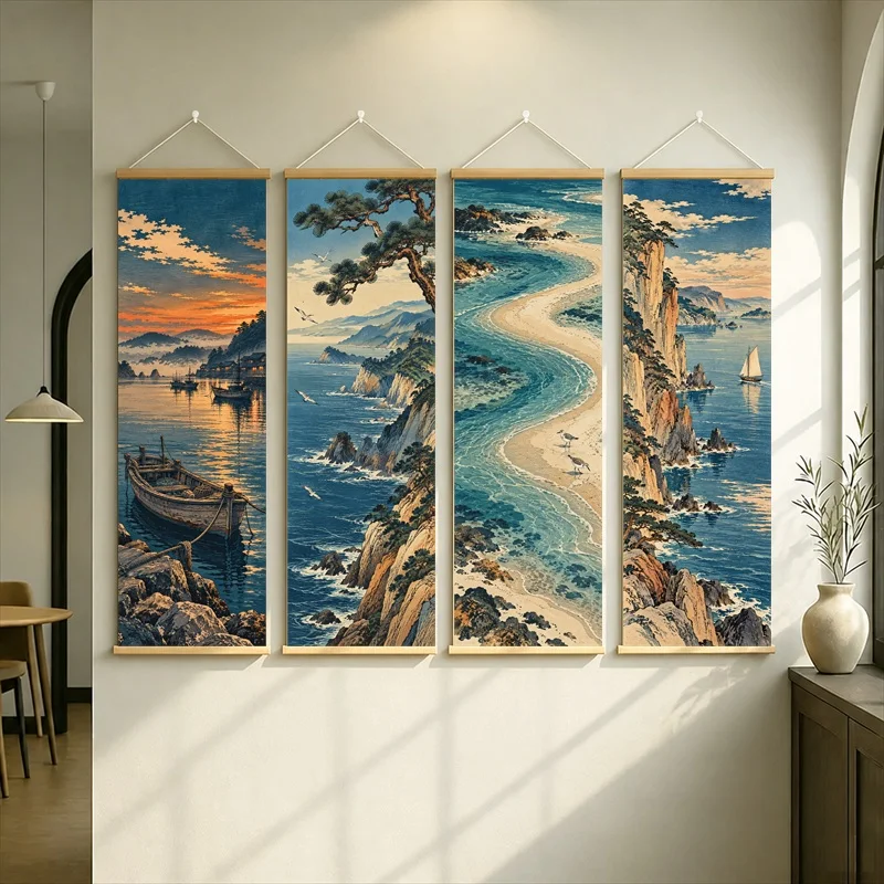 Japanese Ukiyo-e Hanging Scroll with Coastal Cliffs, Winding Blue Water and Sailing Boats in Scenic Style for a Living Room
