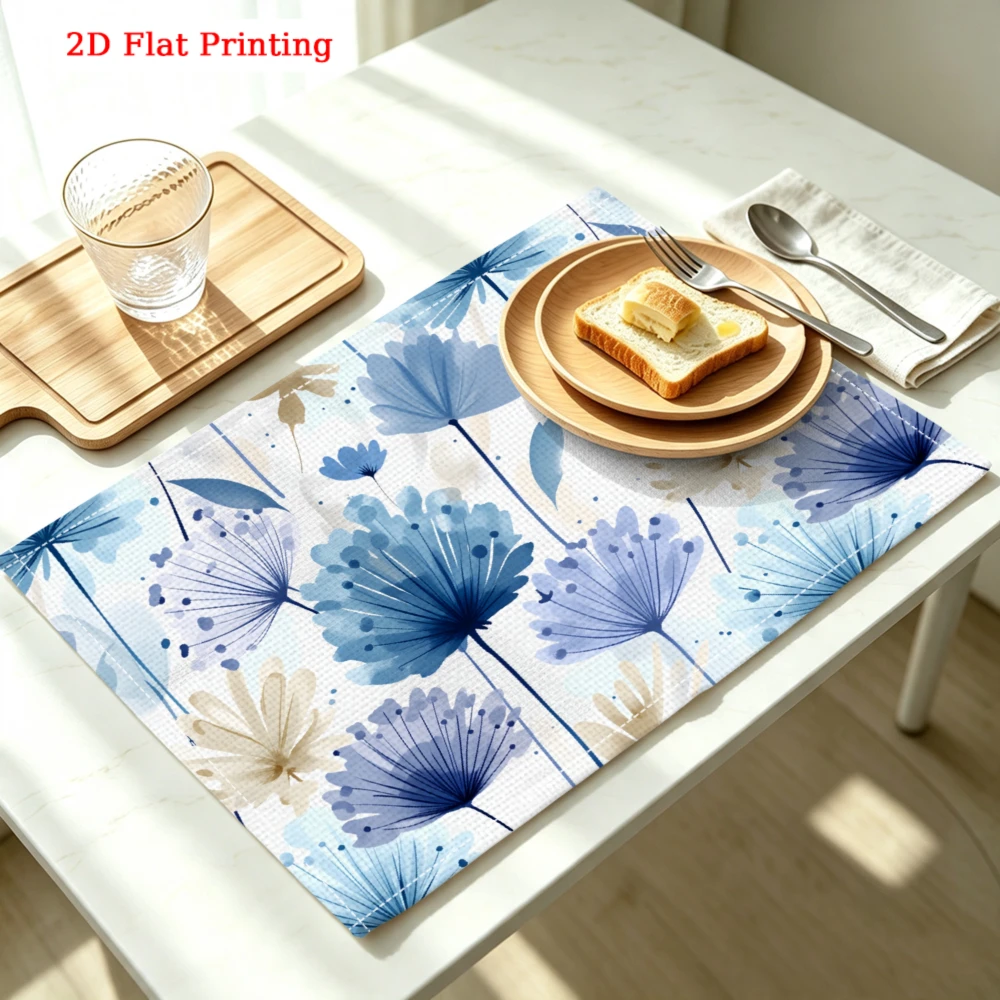 Blue Floral Print Kitchen Placemat Blue Floral Print Linen Pad Dish Coffee Cup Table Mat 1PC 30x40cm