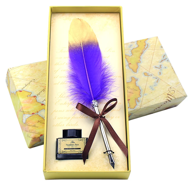 FEATTY-Golden Feather Pen Set, papelaria, material escolar e de escritório, caixa de presente bonita