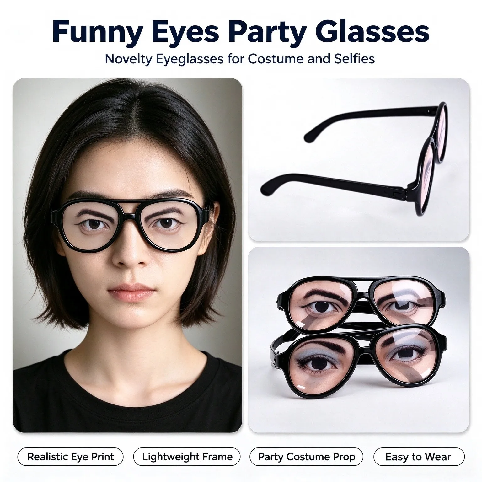 Funny Fake Sleep Wide Frame Glasses, Novelty Prank Flat Lens Eyeglasses Office Nap Gag Toy Holiday Party Face Slimming Gift