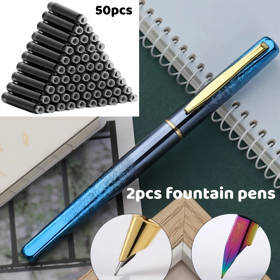 

2Pcs Fountain Pen + 50Pcs Ink Cartridges, 0.5mm Visible Nib/0.38Mm Invisible Nib, Stainless Steel Metal Material, Built-In Ink Absorber, Compatible with 3.4mm Ink Cartridges, Iridium Nib, Suitable for Business and Office Use, Smooth Writing, Signature, Ch