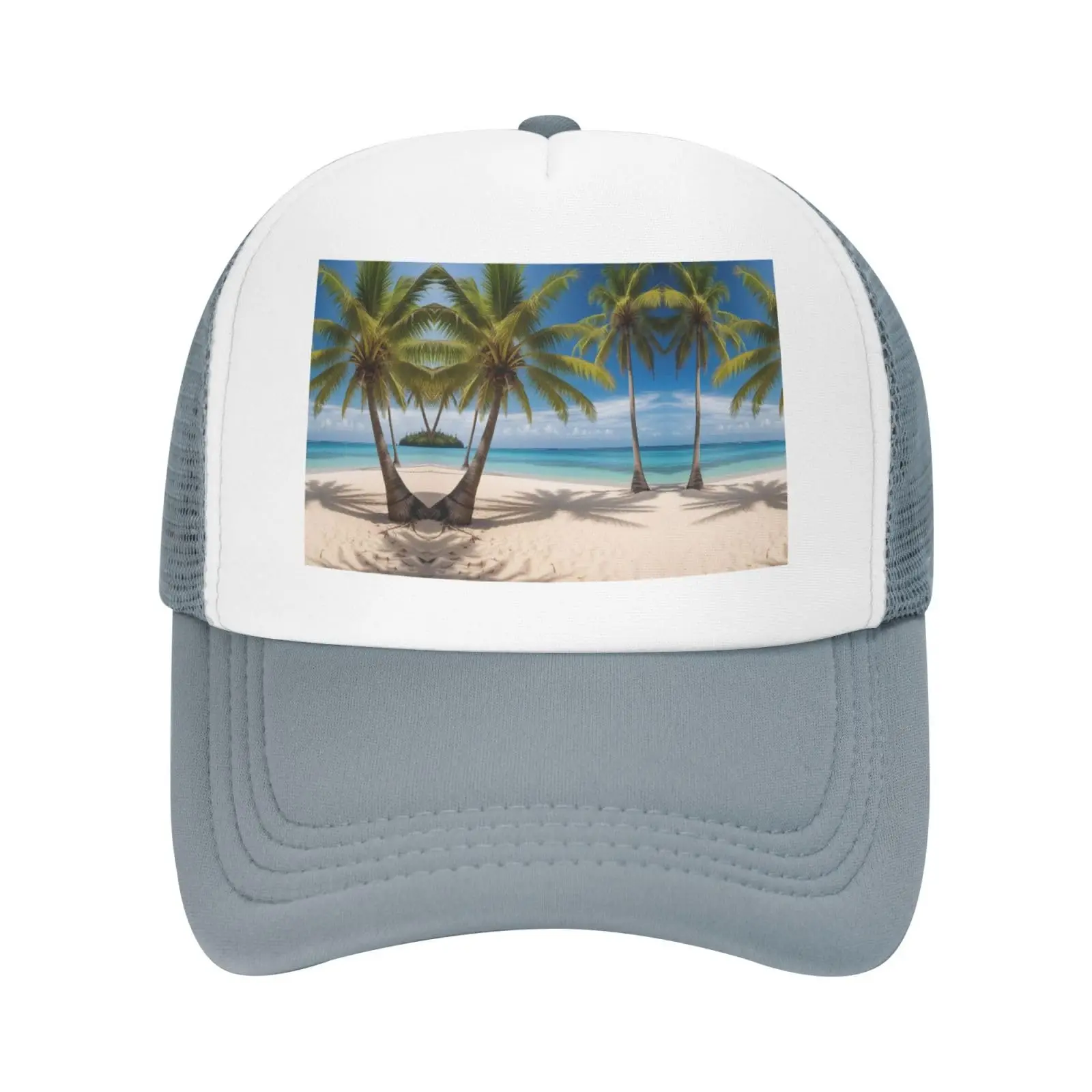 

Coconut Palm Tree Sandy Beach Printed Mesh Baseball Cap Breathable Sun Protection Adjustable Cap Outdoor Cap For Beach Vacation