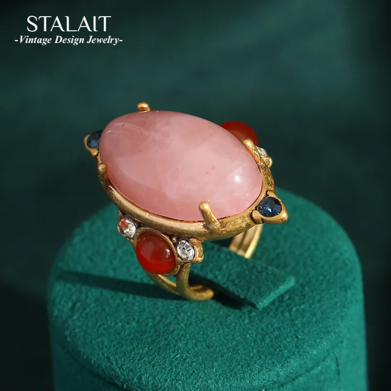 

Vintage Olive Shaped Pink Crystal Rings for Woman Natural Stone Gold Color Wedding Colorful Rhinestones Retro French Jewelry