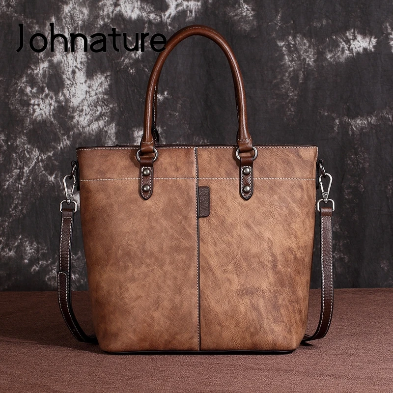 

Johnature Retro Women Bucket Bag 2024 New Leisure Genuine Leather Handbag Large Capacity Solid Color Shoulder Messenger Bags