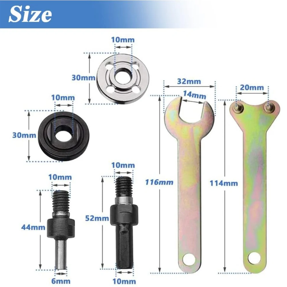 Drill Angle Grinder Adapter 6mm &10mm Arbor Mandrel Adaptor with 2 Spanner Wrench and 3 Set Flange Nut Parts Set