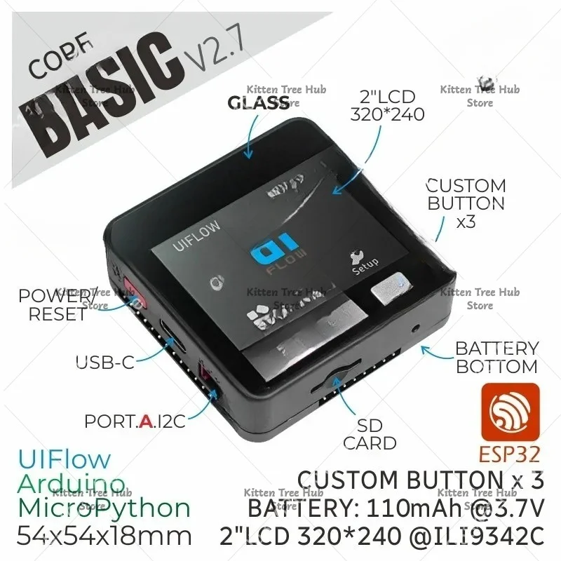 Basic Core v2.7 ESP32 IoT Development Kit Portable, All-in-One Wireless Module Board with Programming Tool