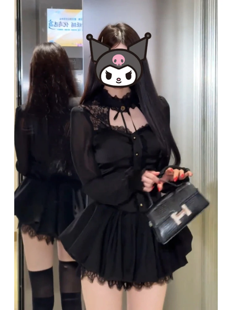 

Sexy Lace Hollow out Long Sleeve Top Short Skirt Set Women's Early Autumn 2025 New Style Pure Desire Fashion Two-Piece Suit