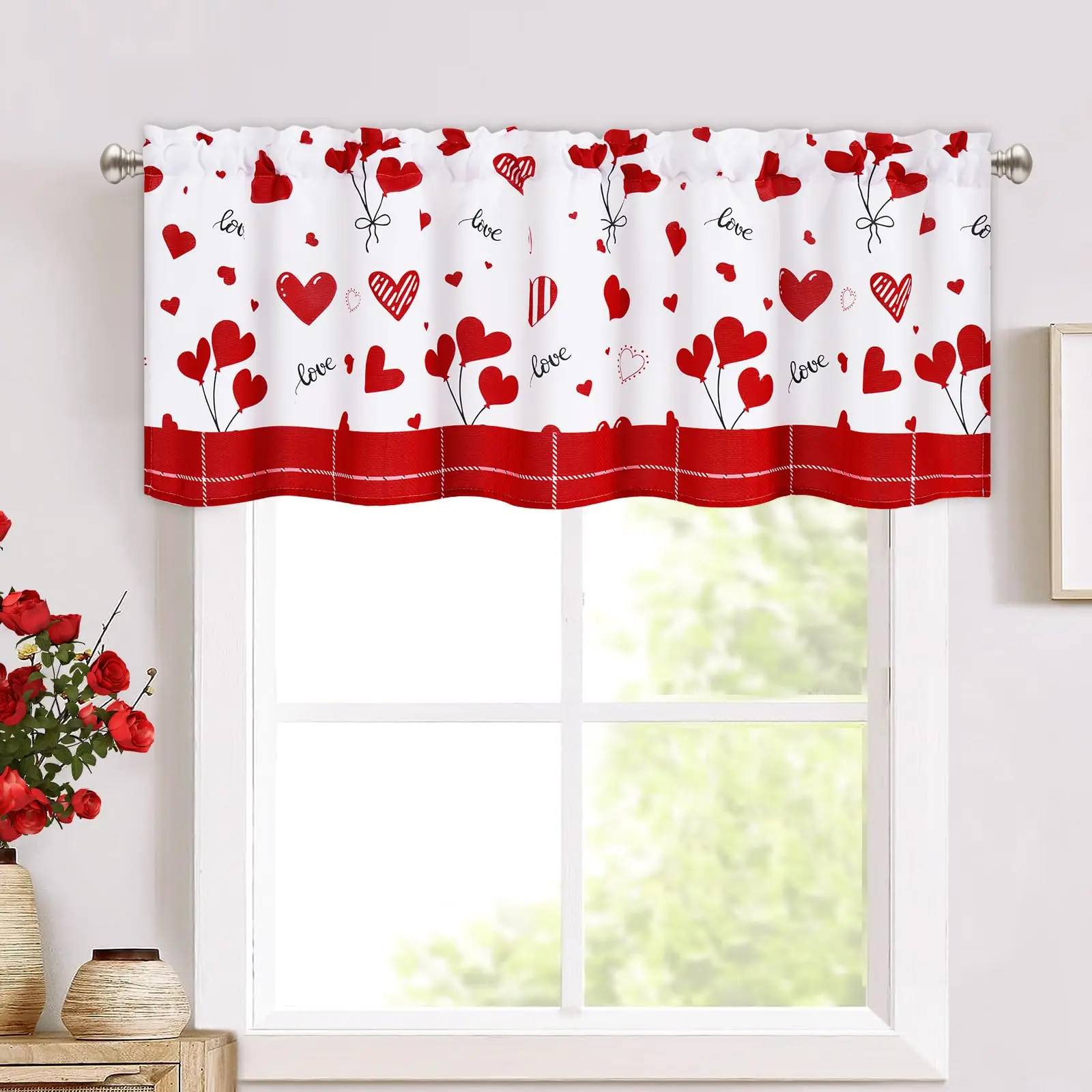 Valentines Day Curtains Valances, Pink Love Heart Anniversary Holiday Decor Red Rod Pocket Cafe Valance Short Window Curtains