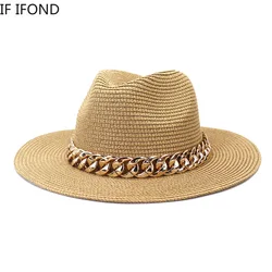 Fashion Gold Chain Belt Panama Straw Hats For Women Summer Breathable Beach Sun Hats Elegant Ladies Party Jazz Hat