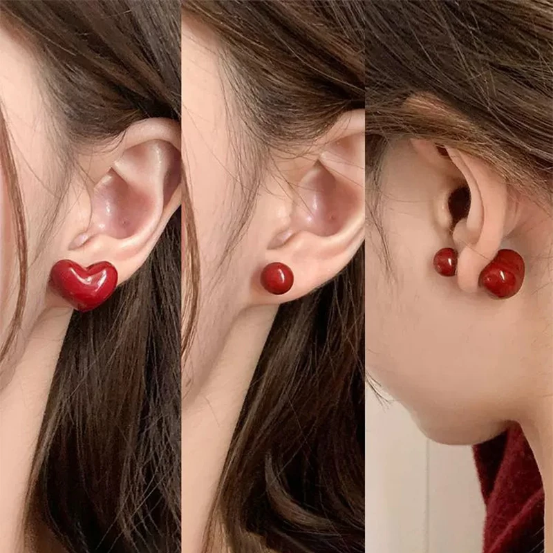 Ankela Red Ribbon Bow-knot Vintage Stud Earrings For Women Korean Fashion INS Autumn Winter Simple Bow Geometric Earring