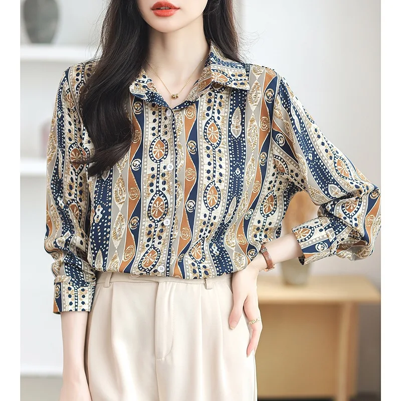 Spring Summer New Vintage Floral Print Long Sleeve Women's Chiffon Shirt Bohemian Style Floral Inner Force Elegant Casual