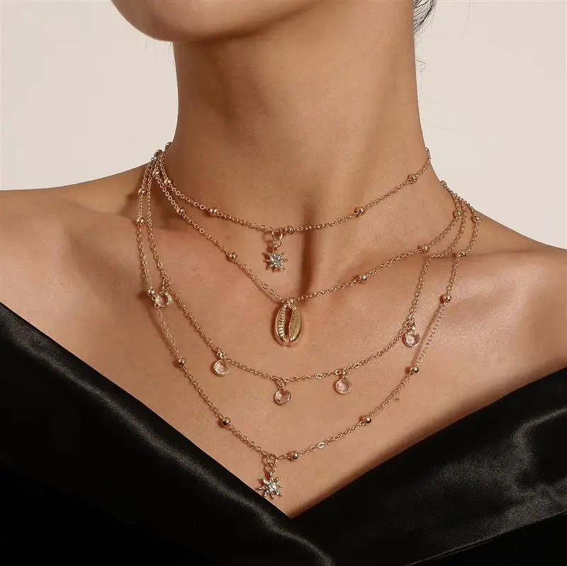 

Women's Six-Pointed Star Pendant Nelace Multi-Layer Hip Hop Retro Water Diamond ell Pendant Cross-Border Jewelry
