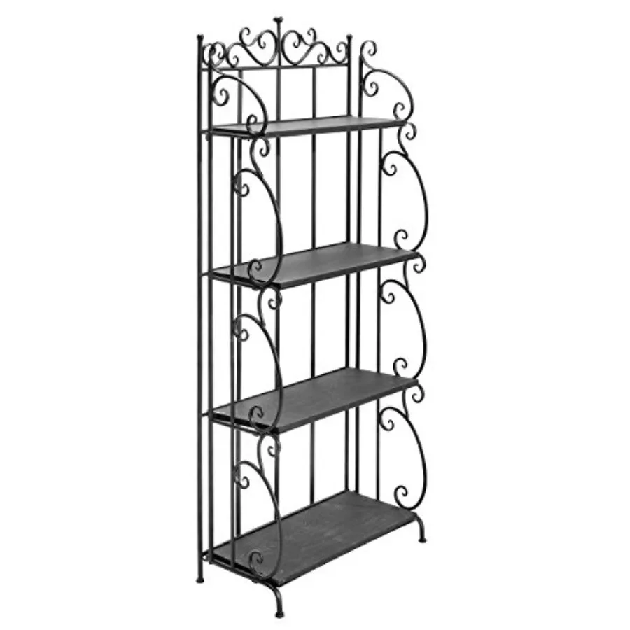 

Indoor decorative bakers rack: black metal freestanding shelf unit with scrollwork frame 4 wood shelves ideal for plant pot dis