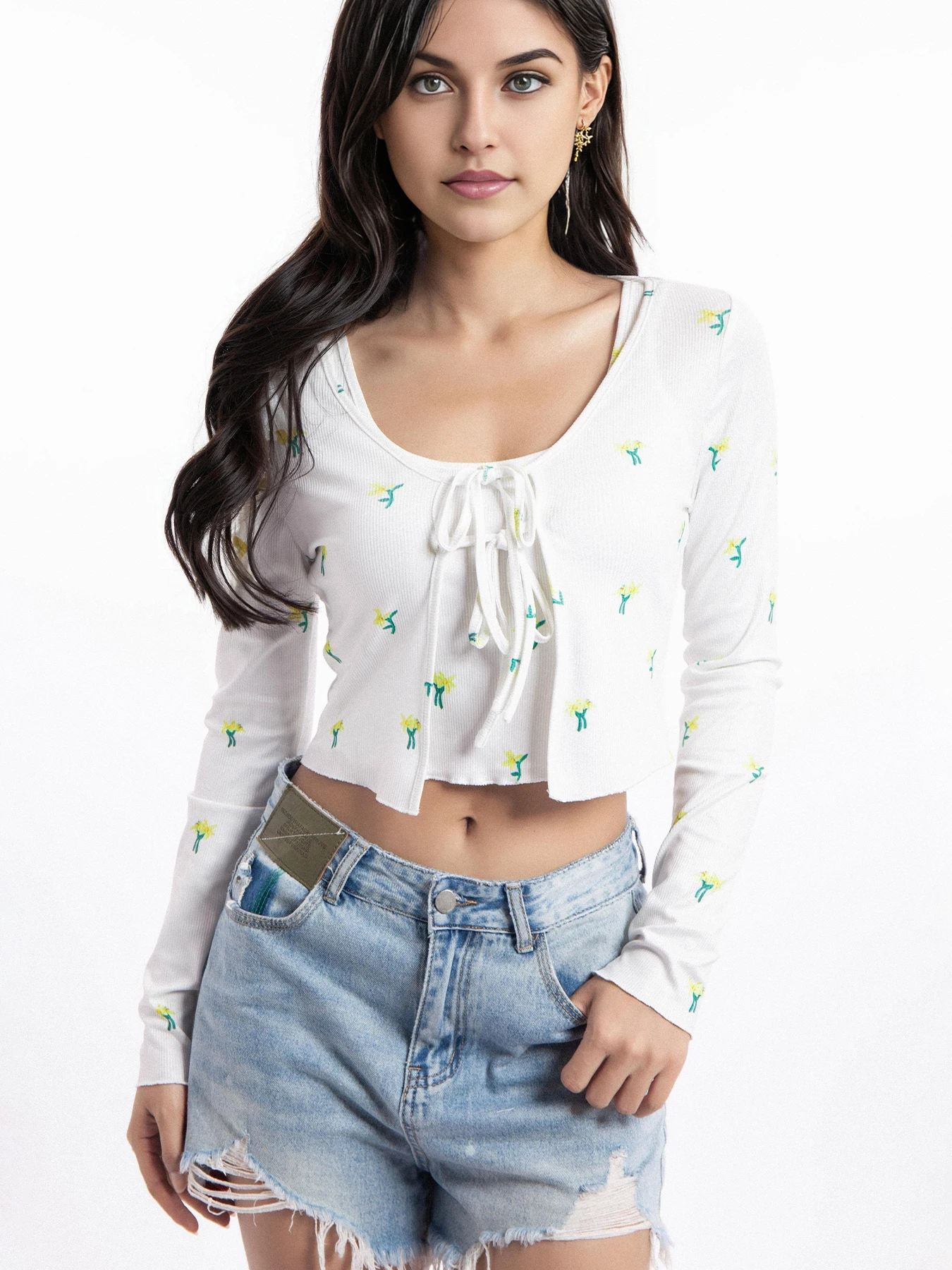 

Ladies Knitted Ribbed Floral Print Tank Top + Long Sleeve Belted Open Cardigan Two-Piece Set Fashion Sweet U-Neck Crop Top Set