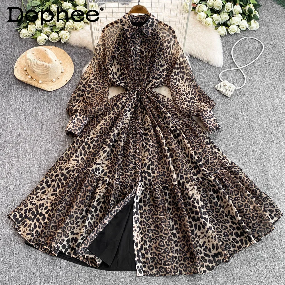 Leopard Print Dress Women's Lantern Sleeves Spring 2025 New Single-breasted Luxury Celebrity Temperament Mesh Big Swing Dress