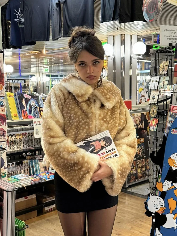 Abrigo corto de piel sintética con estampado de leopardo para mujer, minabrigos holgados de manga larga con cuello de solapa y una hilera de botones, prendas de vestir de calle diarias para mujer 2025