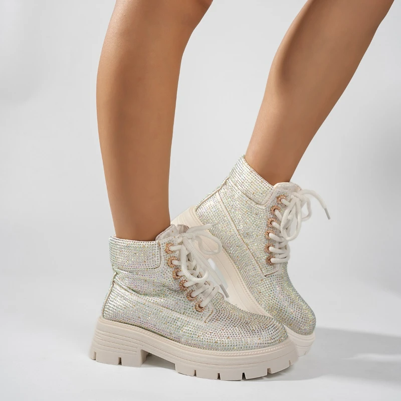 High-quality Thick-soled Wide Heel Round-top Lace-up Diamond-studded Versatile Comfortable Anti-slip Breathable Women's Boots
