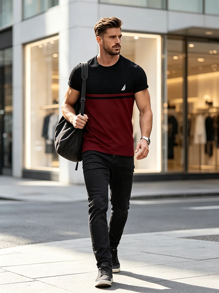 Men's Contrasting Short Sleeved t-Shirt With Black And Red Stitching Round Neck Casual Top, European And American Youth Versatil