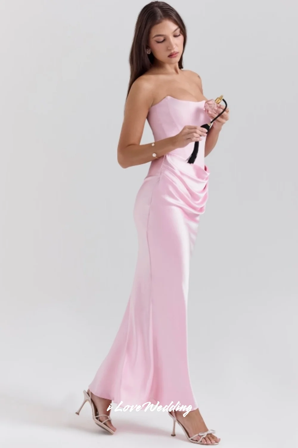 Розовые вечерние платья без бретелек 2025: атласные плиссированные платья русалки без рукавов, элегантные свадебные платья длиной до щиколотки по индивидуальному заказу