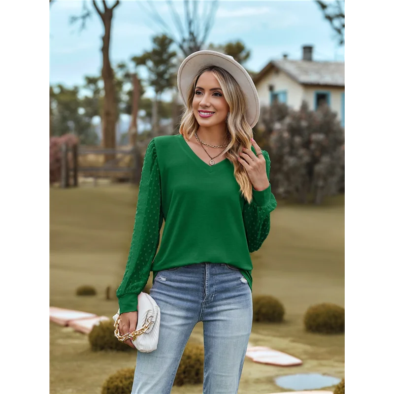 AOAO-Women's Blouses Dressy Casual V Neck Top Dot Balloon Long Sleeve Shirts