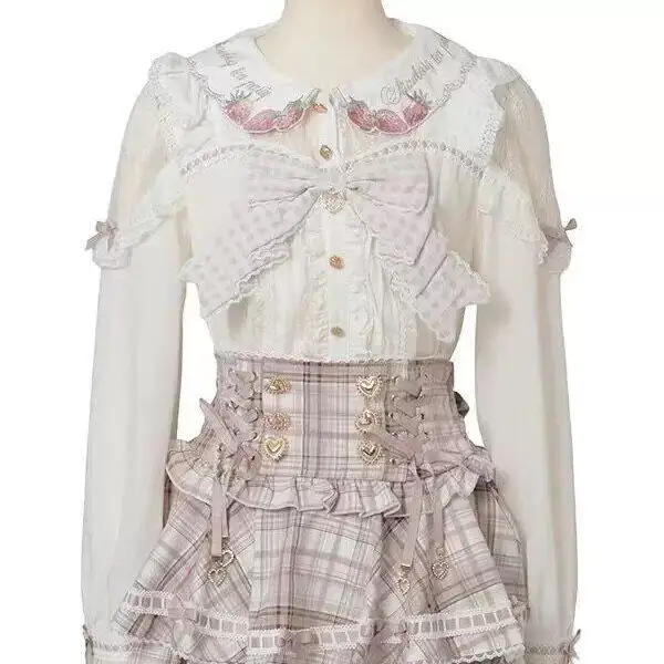 

Японская блузка Sweet Strawberry для женщин, милая блузка с бантом и кружевом, с коротким или длинным рукавом, в стиле принцессы, Kawaii Lolita, элегантный топ, хорошее качество