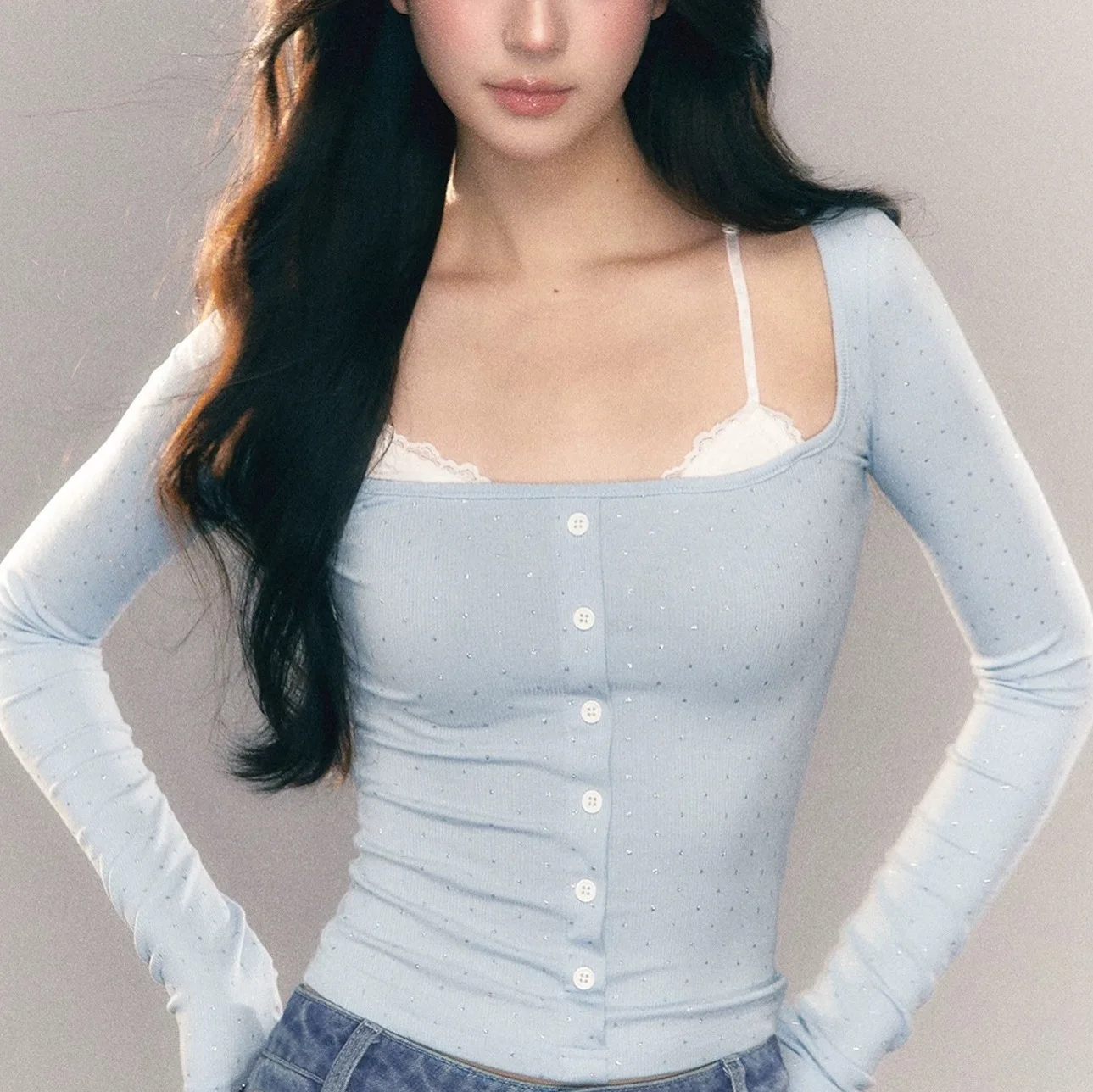 

Women's 2026 New Spring Autumn Two Tone Lace Camisole Fake Two Piece Long Sleeve T Shirt Stylish Inner Top