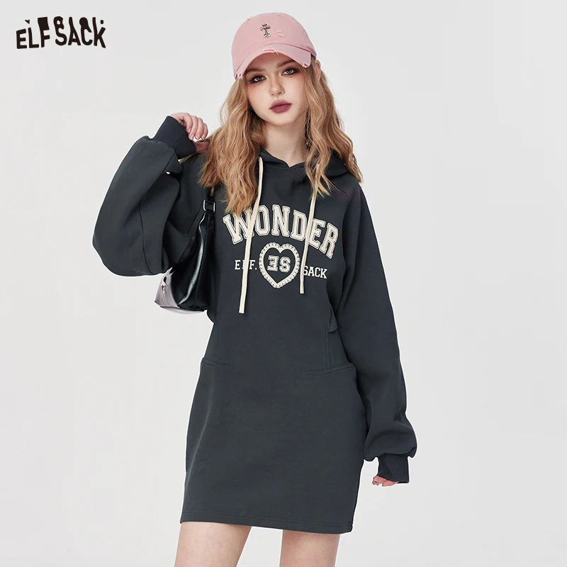 

ELFSACK alphabet printing hooded dress women's mid rise long sleeve pullovers dress 2024 spring new fashion A pendulum casual dr