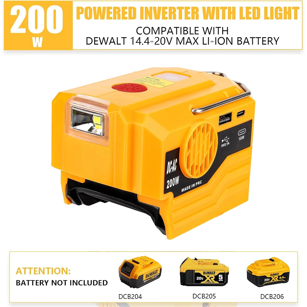 AC 220V For Makita/Ryobi/Bosch/Dewalt/Milwaukee 18V Lithium Battery Outdoor Inverter Generator 200W Inverter Power LED