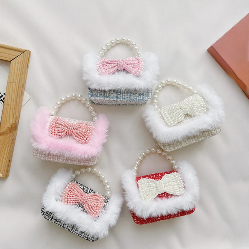 2024 Autumn Winter Girls Princess Crossbody Bag Cute Kids Fur Tote Hand Bags Child Baby Coin Pouch Party Clutch Purse