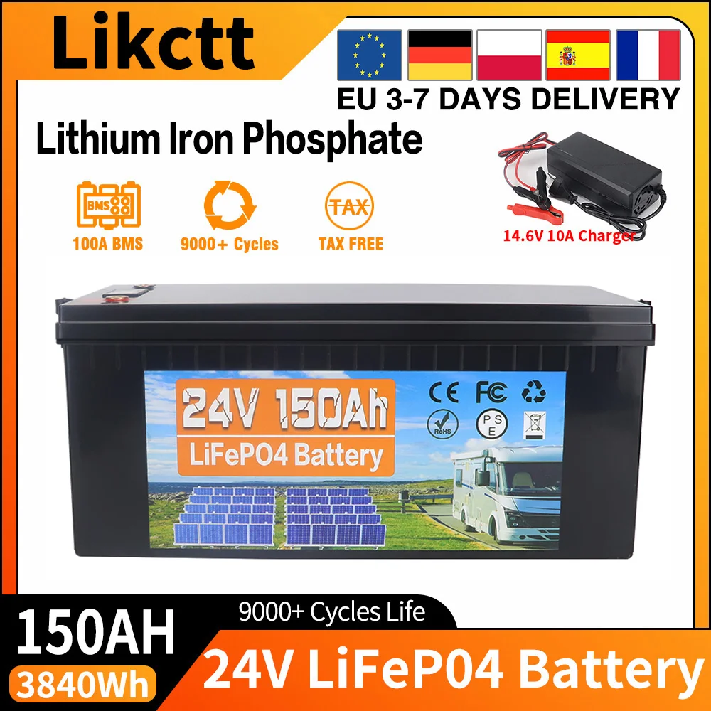Nieuwe 12V 24V 100Ah 150Ah 200Ah 350Ah LiFePO4 Lithium IJzerfosfaat Batterij, ingebouwde 100A BMS, 9000+ diepe cycli, bescherming tegen lage temperaturen, voor camper, boot, zonne-energie, off-grid,