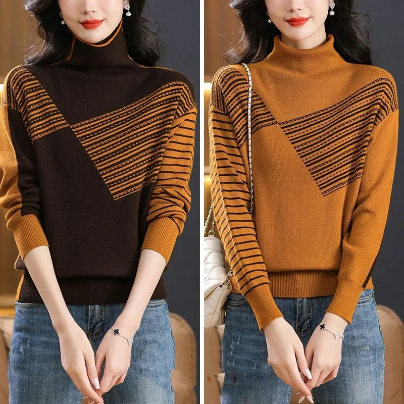 Women\'s High Neck Fashion Commute Sweaters Knitted 2024 Spring Autumn New Loose Spliced Striped Long Sleeve Pullover Bottom Tops