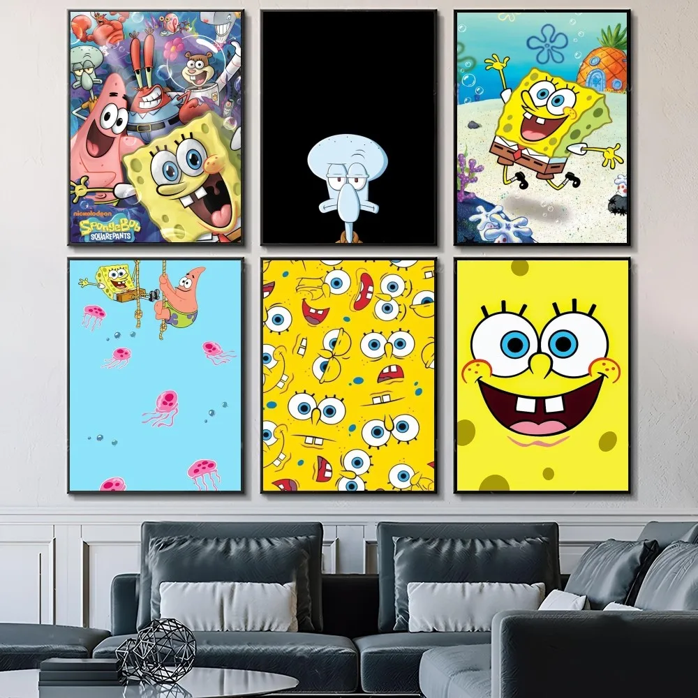 Anime S-Spongebobs Self-adhesive Art Waterproof Paper Sticker Coffee House Bar Room Wall Decor