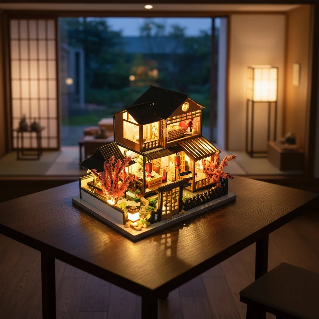 OUZEY 3D Wooden Dollhouse DIY Kit - “Cozy Cottage” with Furniture & Lights, Complete Miniature House Gift for Girls