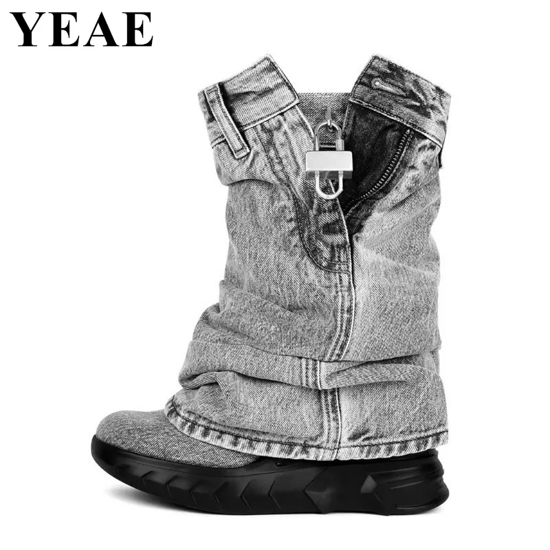 

Women Fashion Shark Lock Mid Calf Boots Western Denim Platform Cowboy Boots Round Toe Thick Sole Shoes Woman Pants Short Booties