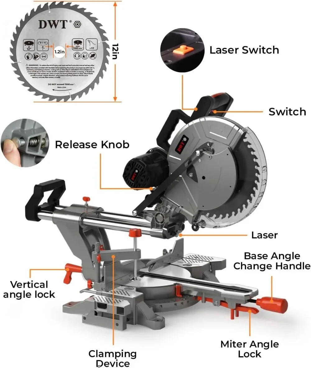 12-inch Compound Miter Saw with Double Bevel Cutting Laser Guide/9 Positive Stops,15Amp Miter Saw with Extension Table