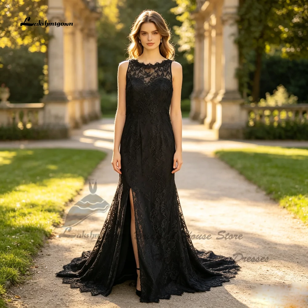 Lakshmigown Schwarzes Gothic-Brautkleid 2027 Feder Vintage Spitze Meerjungfrau Hochzeitskleid Rückenfrei Maßanfertigung – Detail 5