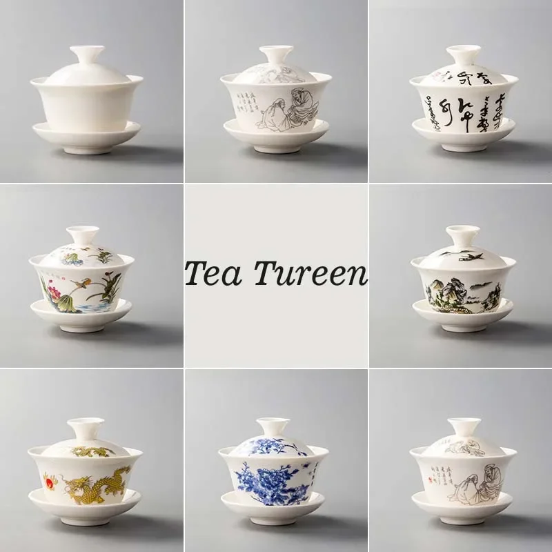 Tureen Bowls Porcelain Ceramics Gaiwan, Kung Fu Tea Cup Set, Gift Special Offer Pottery Bowl Lid Blue-and-white, Covered Bowl