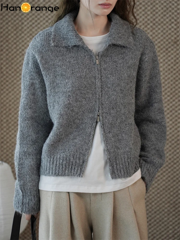 

HanOrange 2025 зимний ретро ленивый стиль воротник на молнии вязаный шерстяной свитер женский мягкий текстурированный кардиган абрикосовый/темно-серый