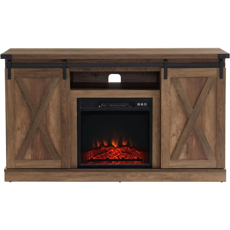 Farmhouse Electric Fireplace TV Stand for 60 Inch TV, Barn Door Entertainment Center with Fireplace and Open Storage Shelves