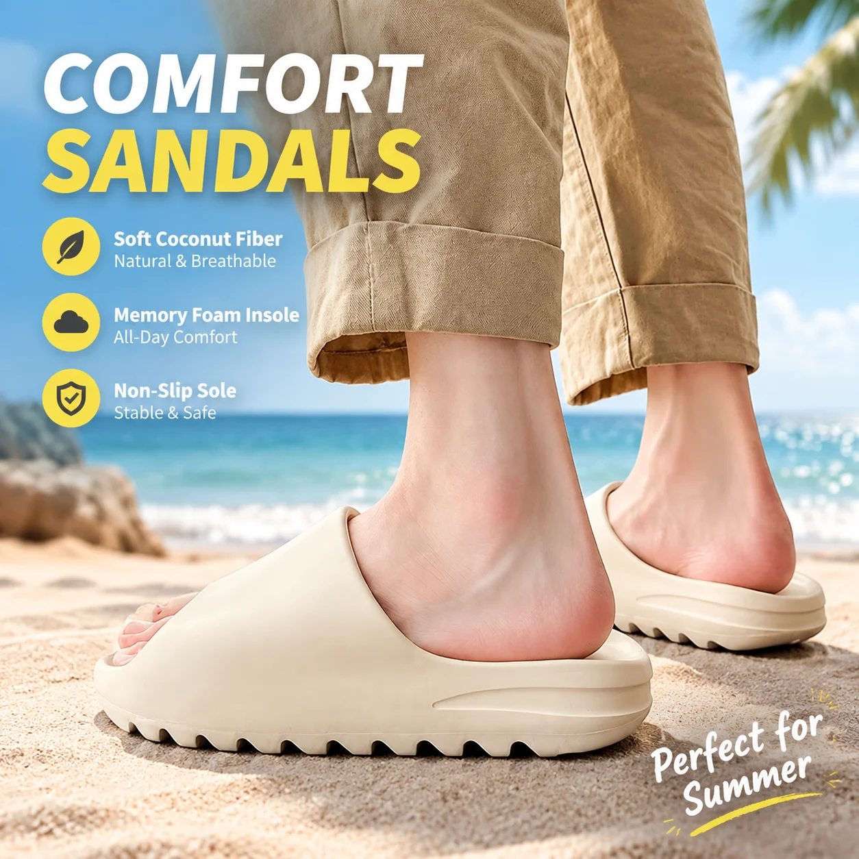 Coconut Fiber Comfort Sandals Memory Foam Insole Non-Slip Sole Summer Beach Slides Thick Cushioned Base Unisex