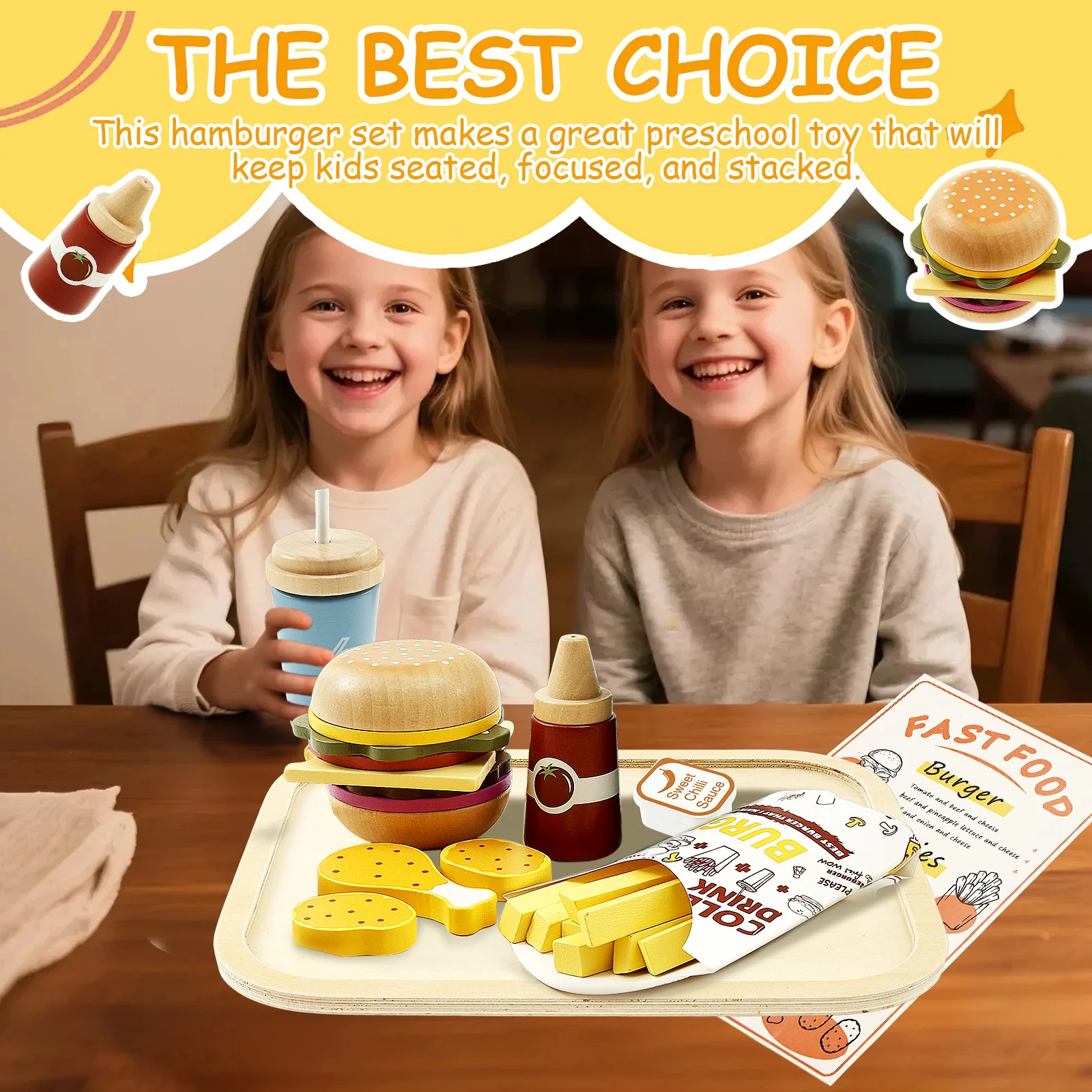 미니어처 음식 나무 패스트푸드 플레이세트 사실적인 햄버거 감자튀김 플레이 음식 세트 트레이 콜라 소스 감자튀김 포함 인형의 집용