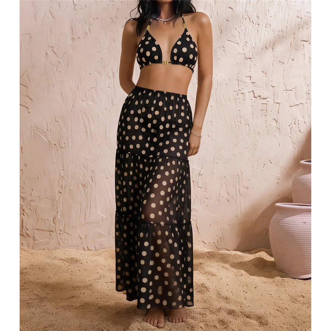 XS - L Polka Dot mit Rock Neckholder-Bikini Damen-Badebekleidung Dreiteiliges Bikini-Set Badeanzug Badebekleidung V8282 – Detail 2