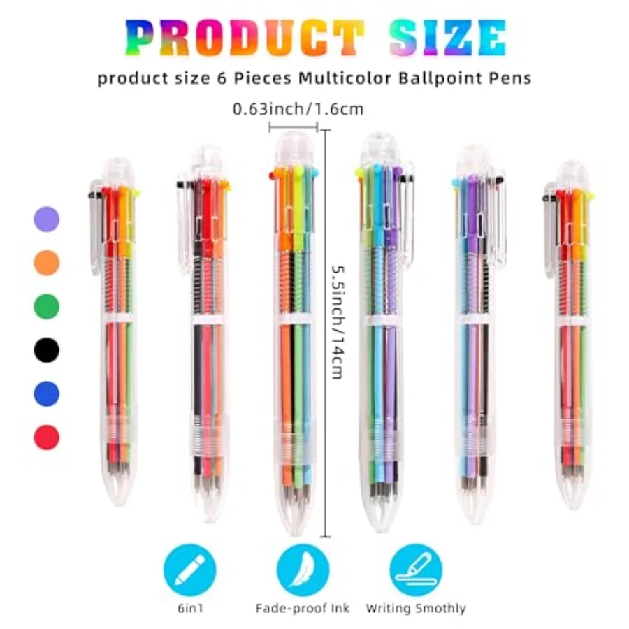 أقلام حبر جاف 6 قطع 0.5 ملم 6 في 1 أقلام حبر جاف متعددة الألوان هدايا لحفلات أعياد الميلاد