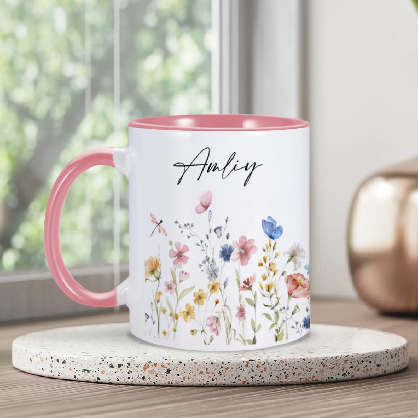 Custom Wildflowers Butterflies Mug Personalized Name Cup Birthday Gift for Nature Lover Gardener 11 Oz Coffee Mugs for Women