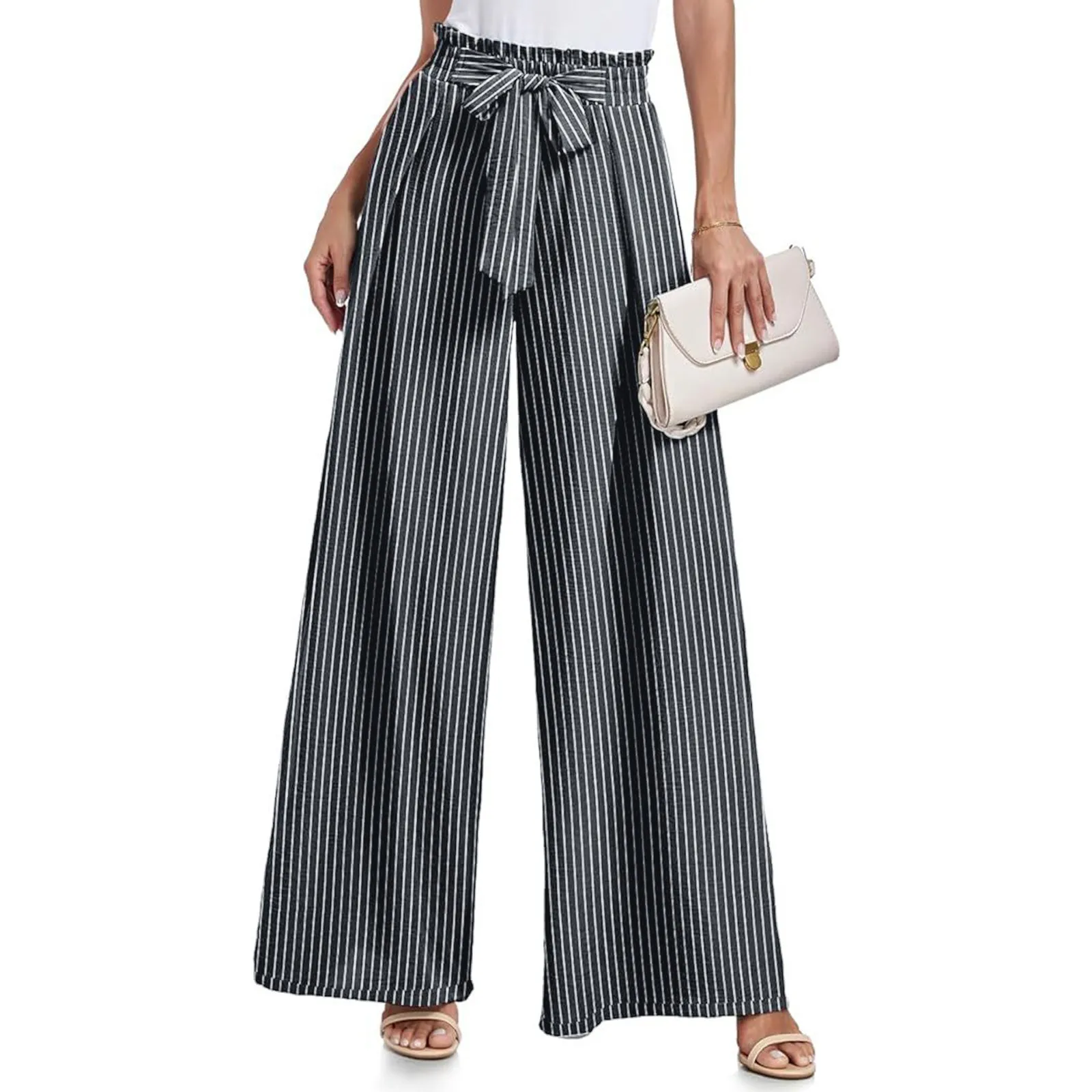 Fashion Boho Floral Wide Leg Pants For Women Flowy Ruffled High Waisted Waistband Palazzo Trousers Female Summer Straight Pants