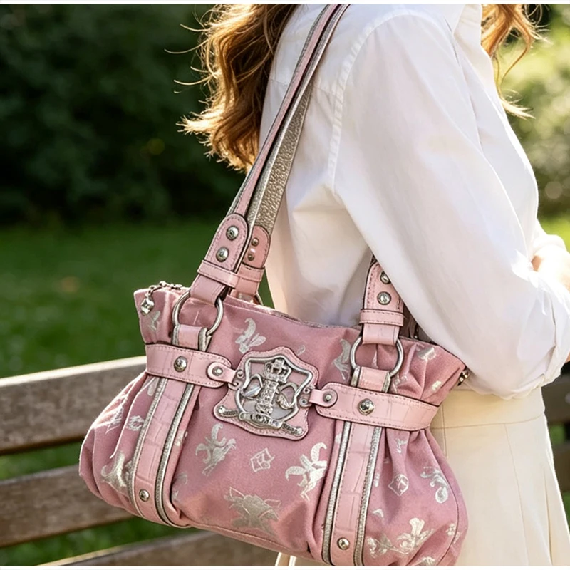 Koreanische Y2K-Style-Schultertasche, süßes, trendiges Design mit rosa Aufdruck, Damen-Tragetasche, Vintage-Nieten-Dekor, leichte, gerüschte Handtasche für den Alltag – Detail 21