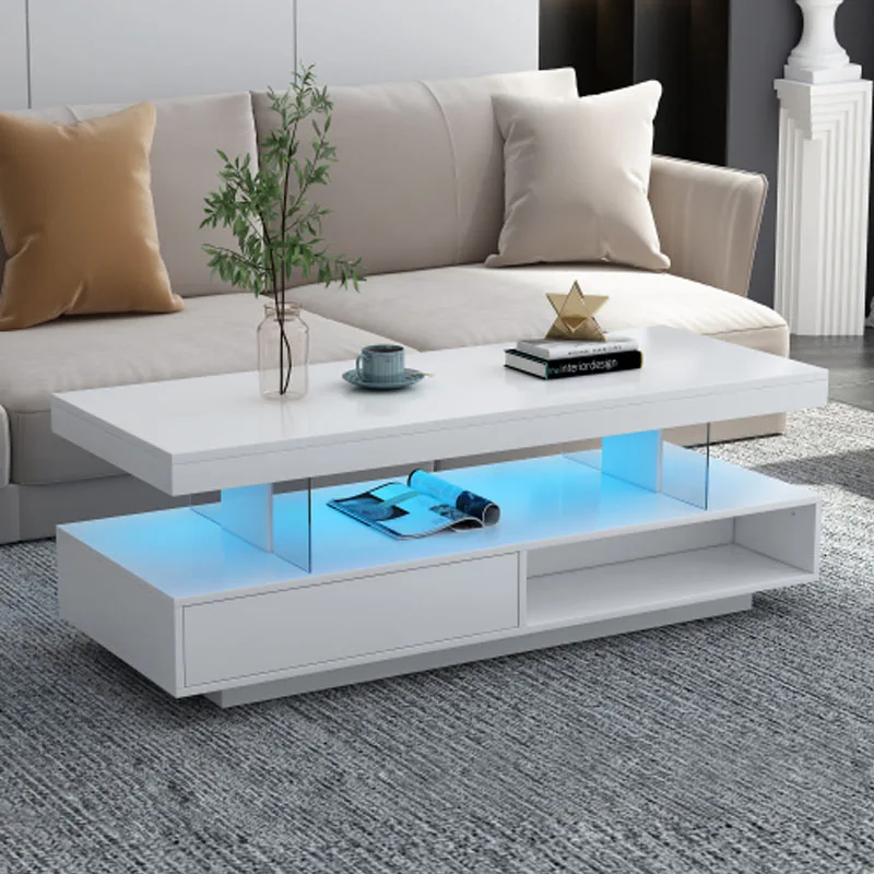 LED Coffee Table with Storage, Modern Center Table with 2 Drawers and Display Shelves, Accent Furniture with LED Lights,White