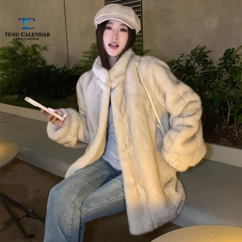 Vintage Mink Imitation Fur Grass, High-end Stand Up Collar Vertical Stripe Lazy Style Fur Coat, Women's 2025 Winter New Style