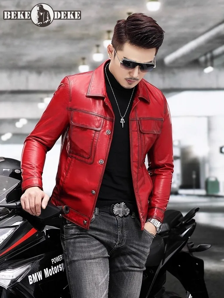 Autumn Men Real Calfskin Motorcycle Biker Jacket Short Style Slim Fit Single Breasted Genuine Leather Jacket Outwear Coat 5XL