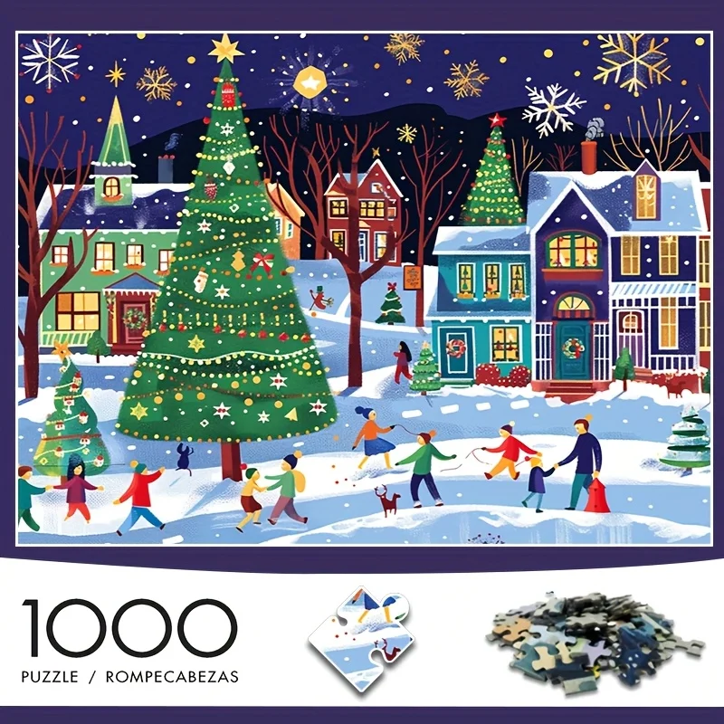 

1000pcs Jigsaw Puzzle for Adults - Charming Winter Village Scene with Colorful Houses, Trees & Snowflakes, 27.56x19.69in, Dura